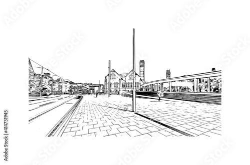 Building view with landmark of Nottingham is the
city in England. Hand drawn sketch illustration in vector.