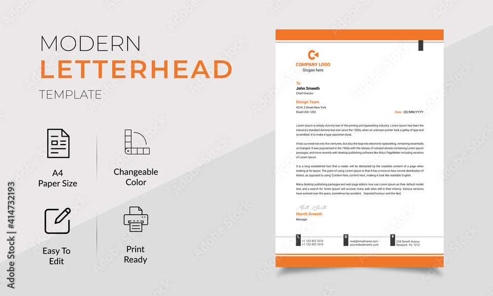 Fototapeta Elegant letterhead template vector professional editable minimalist flat style Modern Simple Creative A4 Size Design