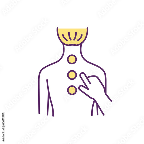 Chronic back pain treatment RGB color icon. Acupuncture, reflexology. Releasing chemicals from spinal cord. Providing relief from muscle stiffness and soreness. Isolated vector illustration