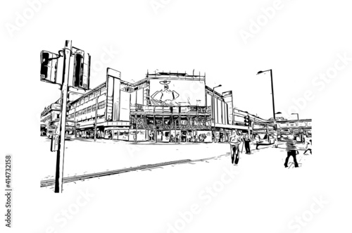 Building view with landmark of Nottingham is the
city in England. Hand drawn sketch illustration in vector.
