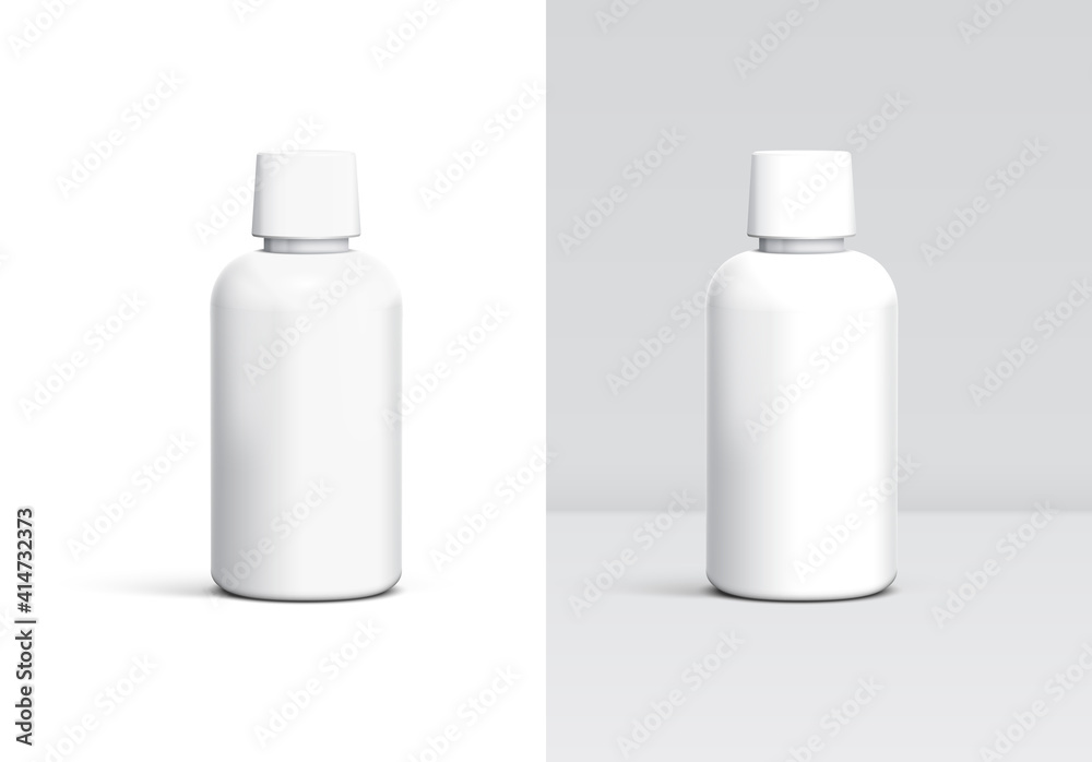 Plastic bottle mockup for cleaner, shampoo, disinfectant or another householding hygiene item. Template with white container and separate shadows and light groups for editing Plastic bottle mockup for cleaner, shampoo, disinfectant or another householding hygiene item. Template with white container and separate shadows and light groups for editing