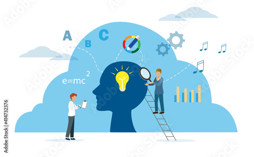 Men use magnifying glass check human brain with graphical icons in language, music, drawing and scientific formul. Idea for creativity, inspiration , knowledge education,learning new skills concept. 