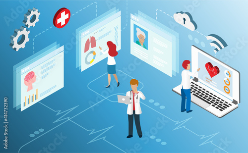 Doctor diagnosis of elderly patient using isometric medical records from online clouds computing data center. Idea for research and development innovation in medical and healthcare concept. Isometric.