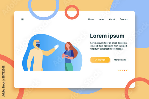 Person in protective costume and woman with chickenpox spots. Contagious patient, infection, rash flat vector illustration. Illness, treatment concept for banner, website design or landing web page