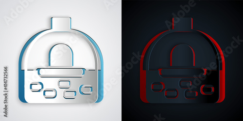 Paper cut Brick stove icon isolated on grey and black background. Brick fireplace, masonry stove, stone oven icon.Paper art style. Vector.