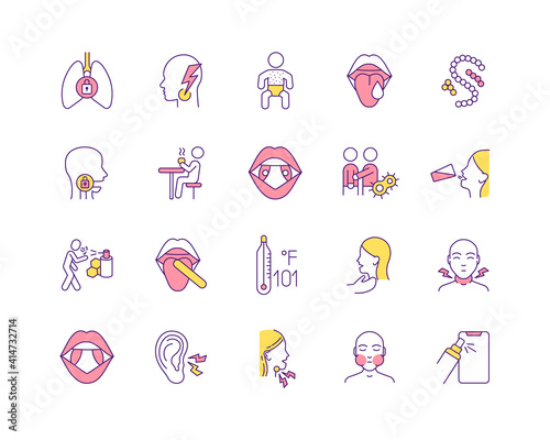 Influenza treatment RGB color icons set. Viral mouth infections. Health problem sign. Tonsillitis, pharyngitis. High body temperature. Facial injury and tooth abscess. Isolated vector illustrations