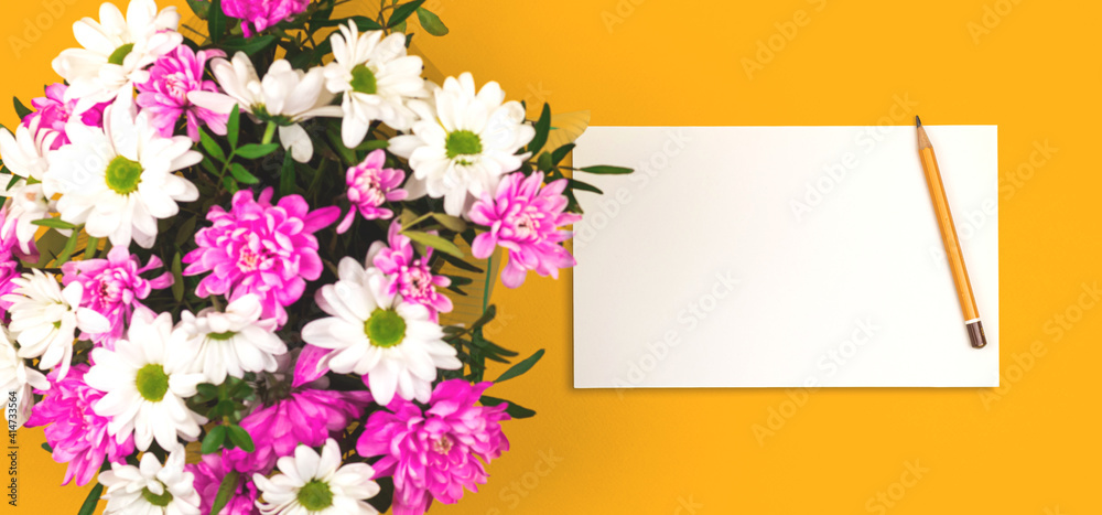 Spring mockup with bouquet of flowers, women's day or mother's day template or layour design with blank paper, copy space Spring mockup with bouquet of flowers, women's day or mother's day template or layour design with blank paper, copy space