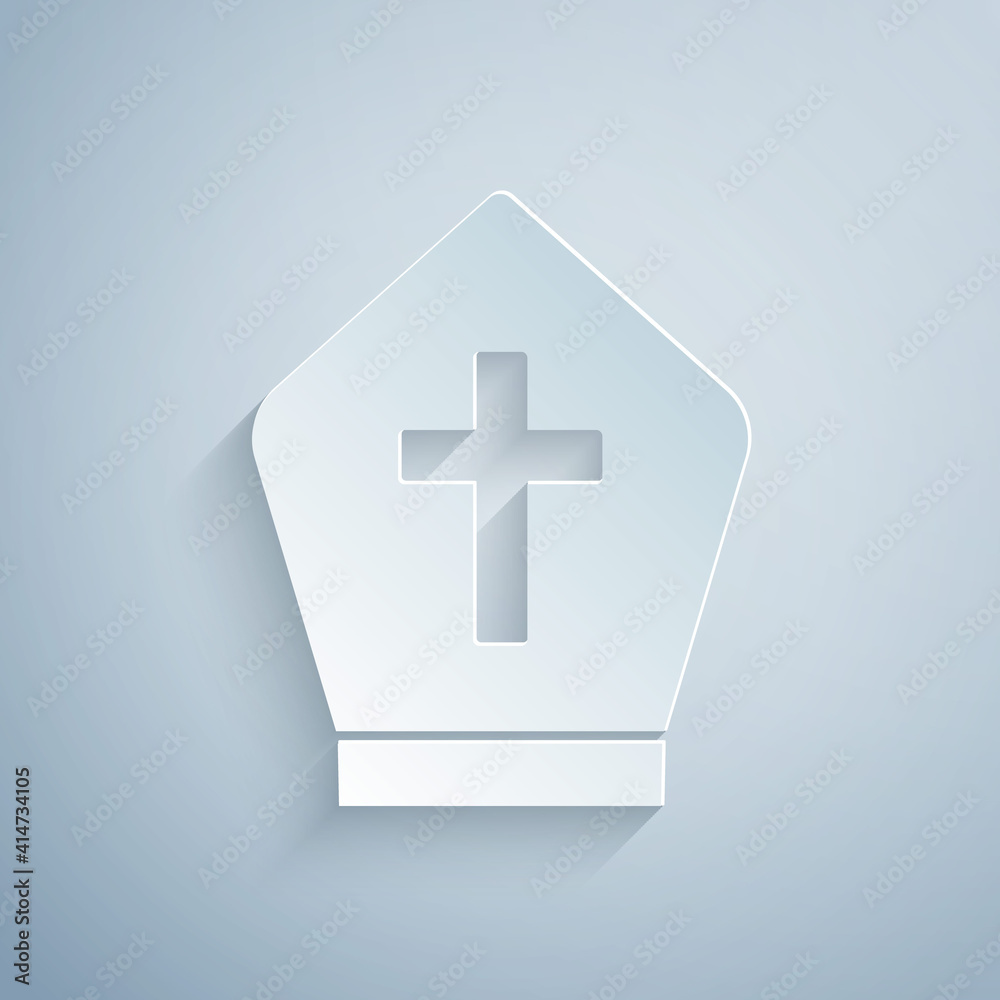 Obraz premium Paper cut Pope hat icon isolated on grey background. Christian hat sign. Paper art style. Vector.