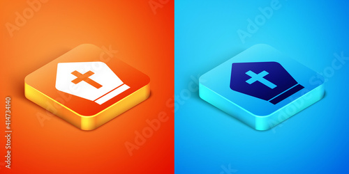 Isometric Pope hat icon isolated on orange and blue background. Christian hat sign. Vector.