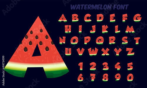 Alphabet letters and numbers made of red watermelon slices, isolated on a dark background, stylized font, vector illustration 
