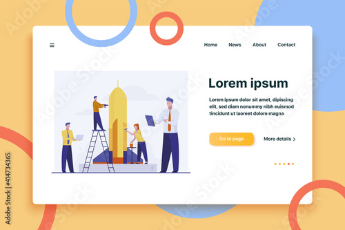 Team repairing and painting rocket for launch. Startup group, using laptop flat vector illustration. New project, business, idea concept for banner, website design or landing web page
