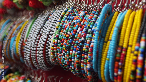 Close up of colorful beaded earrings, popular African jewelry