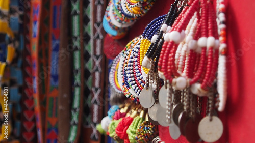 Close up of colorful beaded earrings, popular African jewelry