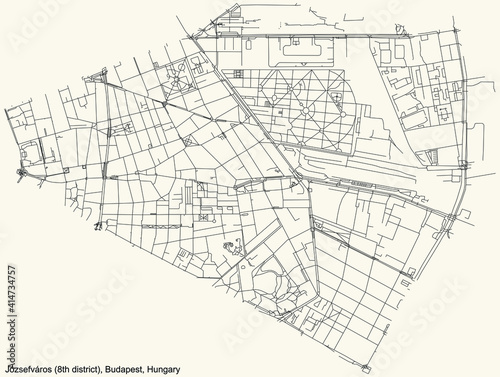 Black simple detailed street roads map on vintage beige background of the neighbourhood Józsefváros 8th district (VIII kerület) of Budapest, Hungary