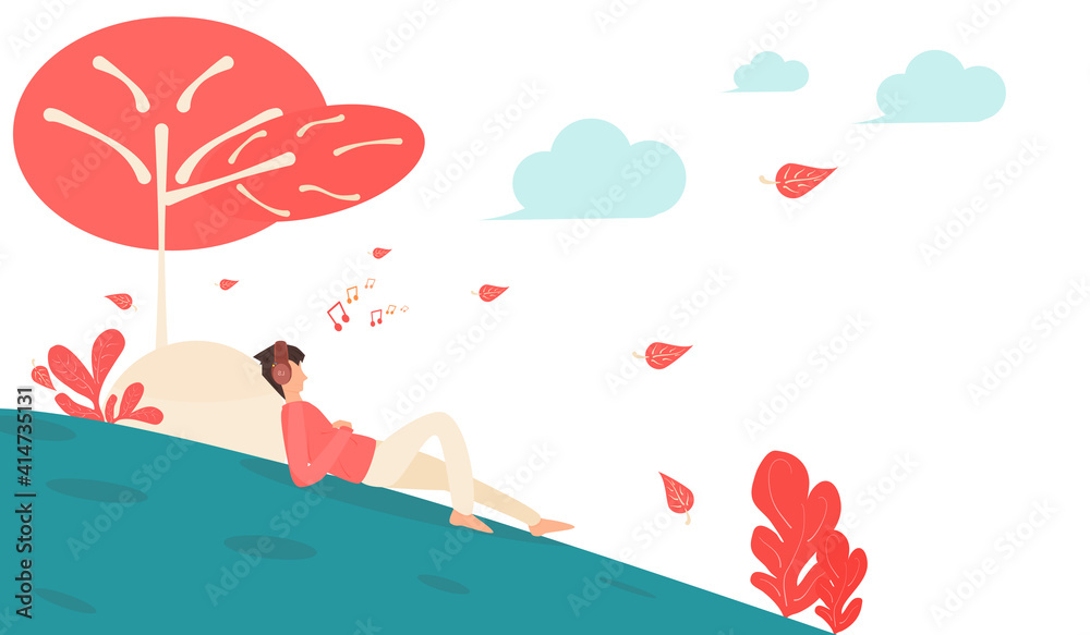 Concept happy relax. A man who sleeps listening to music happily  Under the tree. Vector flat style. Illustration for content people sleeping, men listening music, lifestyle holidays, free time 