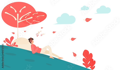 Concept happy relax. A man who sleeps listening to music happily  Under the tree. Vector flat style. Illustration for content people sleeping, men listening music, lifestyle holidays, free time 