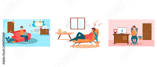 Concept happy relax set. A man sitting on a sofa working on a laptop, young man who is listening to music, a man listening to music in the living room in front of a computer. Vector lifestyle holiday