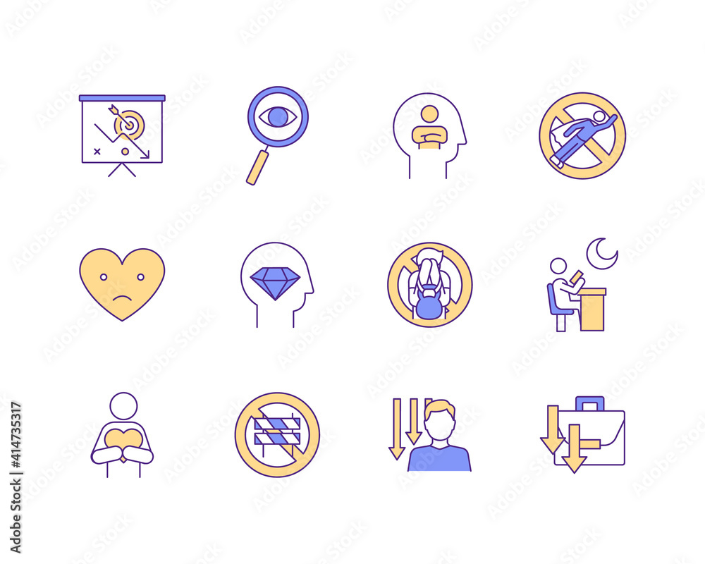 Fototapeta premium Procrastination RGB color icons set. Low self-esteem and depression. Life challenges overcome. Chronic dissatisfaction. Destructive behavior. Losing motivation at work. Isolated vector illustrations