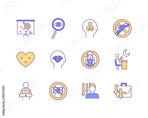 Procrastination RGB color icons set. Low self-esteem and depression. Life challenges overcome. Chronic dissatisfaction. Destructive behavior. Losing motivation at work. Isolated vector illustrations