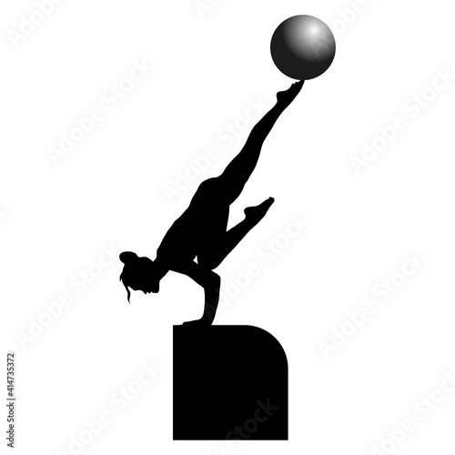 vector illustration of a black silhouette of a gymnast who stands with her hands on the pedestal and holds the ball on her leg extended upwards