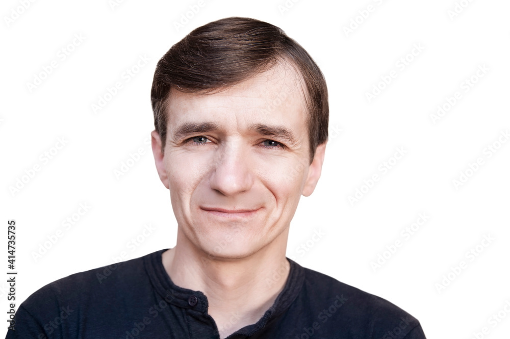 Portrait of a middle-aged man on a white background, isolated. The man smiles sweetly, hoping that God will give him many more years of life Portrait of a middle-aged man on a white background, isolated. The man smiles sweetly, hoping that God will give him many more years of life