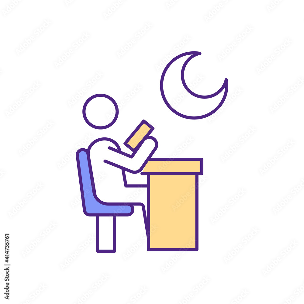 Night studier RGB color icon. Student syndrome. Studying at night. Planned procrastination. Working under extreme pressure. Exam preparation. Study session before bedtime. Isolated vector illustration