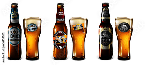 Three bottles and three glasses of different types of beer. Highly realistic illustration with transparency effect.