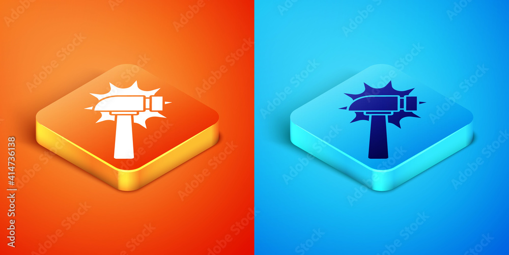 Isometric Hammer icon isolated on orange and blue background. Tool for repair. Vector. Isometric Hammer icon isolated on orange and blue background. Tool for repair. Vector.