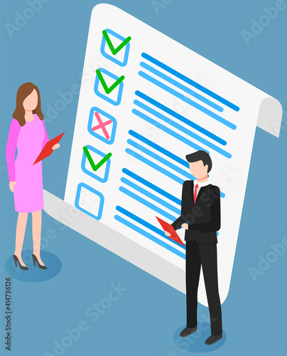 Colleagues studying questionnaire. People checking test. Blank writing and grading concept. Man and woman standing near big checklist vector illustration. Business people with clipboards at meeting
