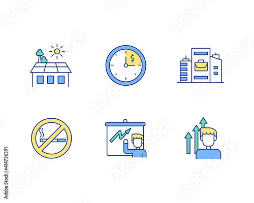 Improving working conditions RGB color icons set. Employing older workers. Creating better workplace. Balanced diet. Reaching career goals. Recreational green space. Isolated vector illustrations