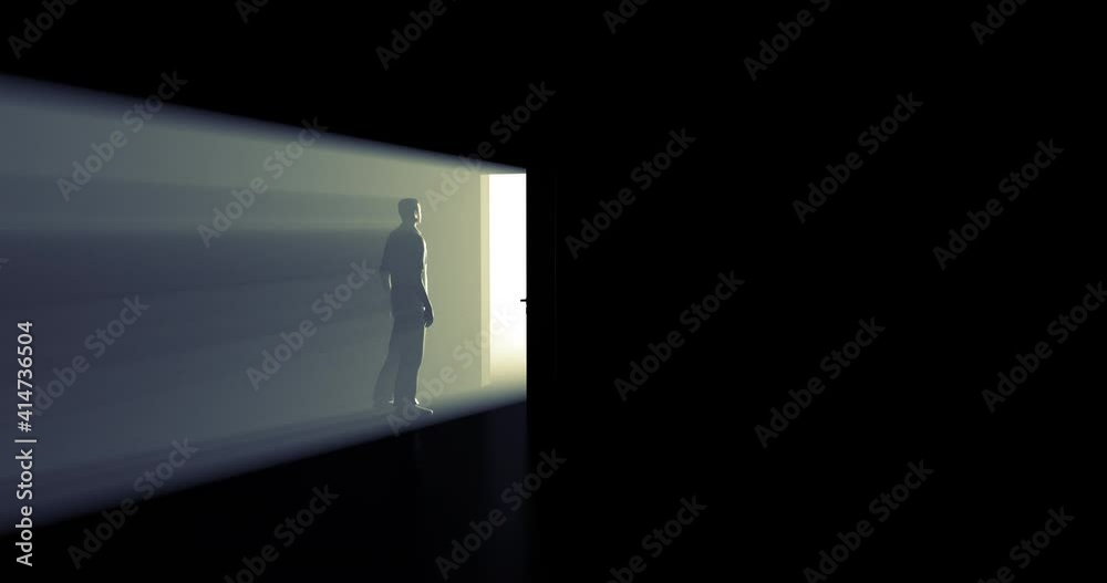 The door opens in front of the person, and a bright light floods the dark room. A bright beam of light from an opening door into a dark room illuminates a surprised person. mystical scene. rays of god
