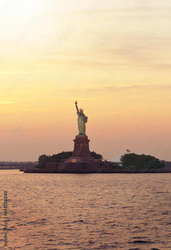 beautiful city skyline at  sunset. USA. Statue of Liberty National Monument