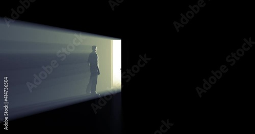 The door opens in front of the person, and a bright light floods the dark room. A bright beam of light from an opening door into a dark room illuminates a surprised person. mystical scene. rays of god