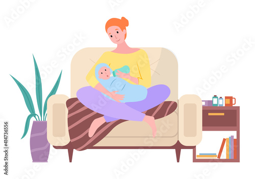 Mother feeding her baby with bottle. How to take care of the child flat vector illustration. A woman sitting on a chair with the baby in her arms. Mom holds a bottle of milk for a small child