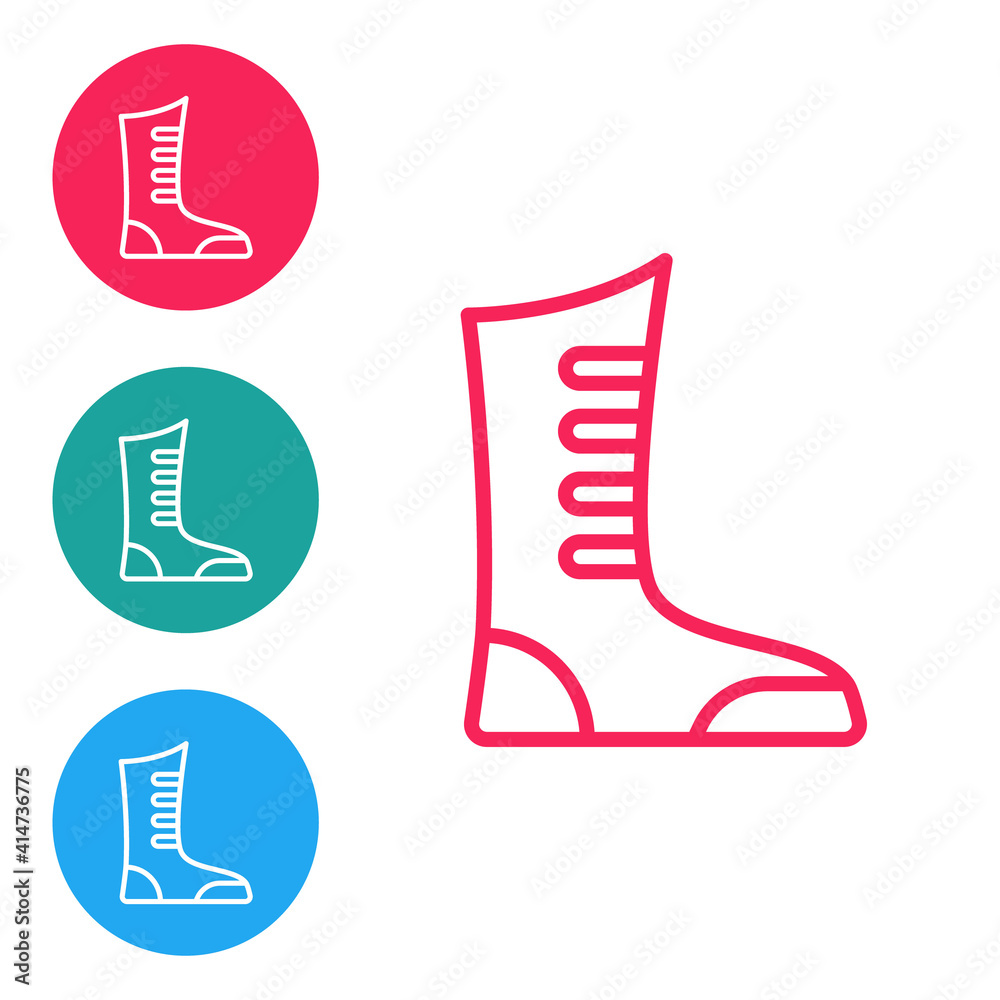 Red line Sport boxing shoes icon isolated on white background. Wrestling shoes. Set icons in circle buttons. Vector. Red line Sport boxing shoes icon isolated on white background. Wrestling shoes. Set icons in circle buttons. Vector.