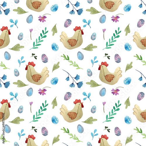 Hand drawn watercolor easter seamless pattern with chickens and speckled eggs on a white background. Cute Easter print with blue and purple eggs and leaves  decorative chicken.  