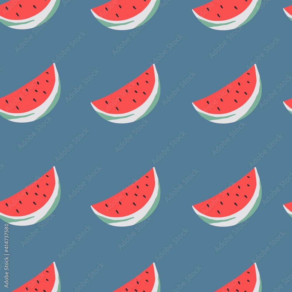 Juicy watermelon slices seamless pattern. Summer concept illustration on blue background. Design for wallpapers, web, print, backgrounds and wrapping paper. Juicy watermelon slices seamless pattern. Summer concept illustration on blue background. Design for wallpapers, web, print, backgrounds and wrapping paper.