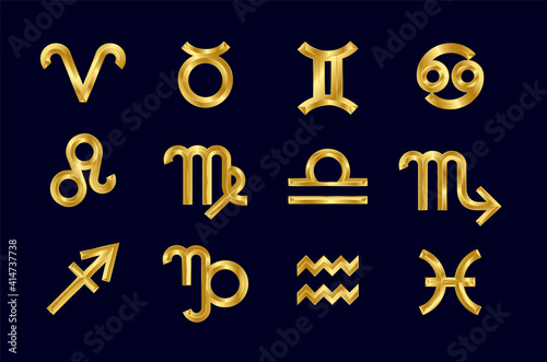 Zodiac signs/symbols, metal golden texture, vector illustration