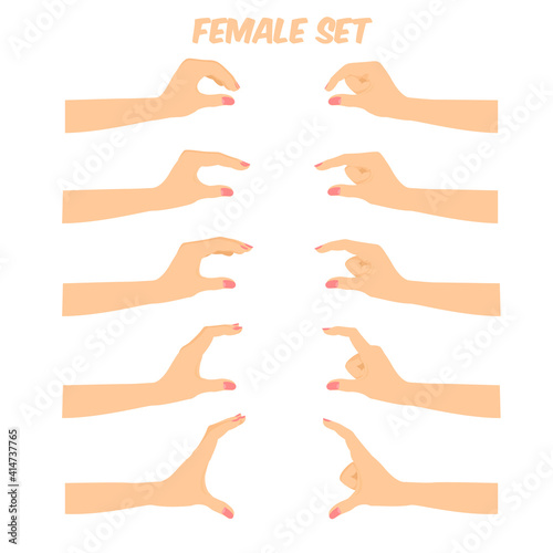 women's hands composing different gestures,fingers showing various sizes, grabbing, holding signs, vector illustration