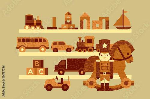 Vintage old wooden toys concept, Santa's workshop, bricks, train, rocking horse, soldier, bus, boat, car, van vector illustration