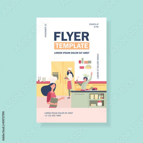 Professional chefs cooking at restaurant kitchen flat vector illustration. Happy cartoon cooks preparing food and desserts for cafe. Interior, gourmet and hospitality concept