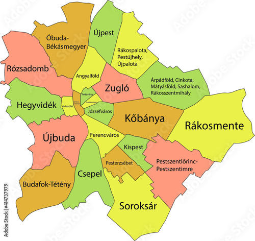 Canvas Print Simple pastel vector map with black borders and names of districts (kerület) of