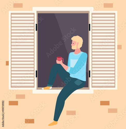 Male character resting at home. Man is drinking tea on balcony of house, enjoys the view. Person stays at home, daily life routine, relaxing time. Guy is looking out the window sitting on windowsill
