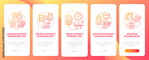 Efficient Contract management tips onboarding mobile app page screen with concepts. Contract rules and laws walkthrough 5 steps graphic instructions. UI vector template with RGB color illustrations