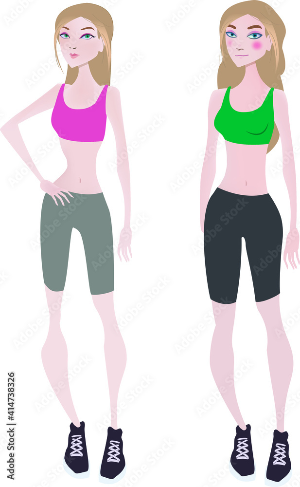 Set vector character illustration girl with sports figures. Woman doing fitness, training and healthy lifestyle concept sports, training to improve body, appearance. image trainer in swimsuit. Set vector character illustration girl with sports figures. Woman doing fitness, training and healthy lifestyle concept sports, training to improve body, appearance. image trainer in swimsuit.