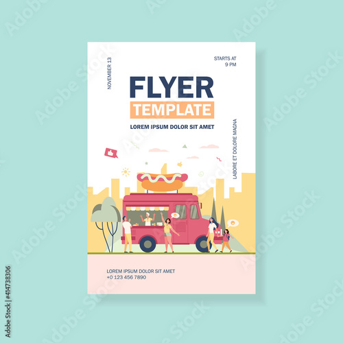 People visiting street food festival and buying snacks in trucks. Flat vector illustration for fair, summer event, market, vendors concept