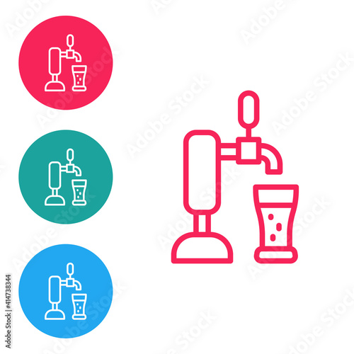 Red line Beer tap with glass icon isolated on white background. Set icons in circle buttons. Vector.
