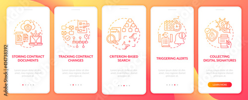 Contract management software functions onboarding mobile app page screen with concepts. Saving digital files walkthrough 5 steps graphic instructions. UI vector template with RGB color illustrations