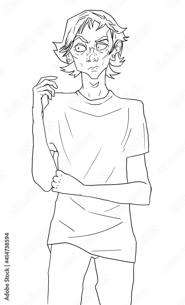 line sketch of standing guy disgruntled angry thin man cartoon character for illustration. depressed boy in t-shirt freehand drawing young male with tunnels and long hair