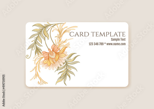 Plastic debit or credit, pass, discount, membership card template with decorative flowers in art nouveau style, vintage, old, retro style. Vector illustration.